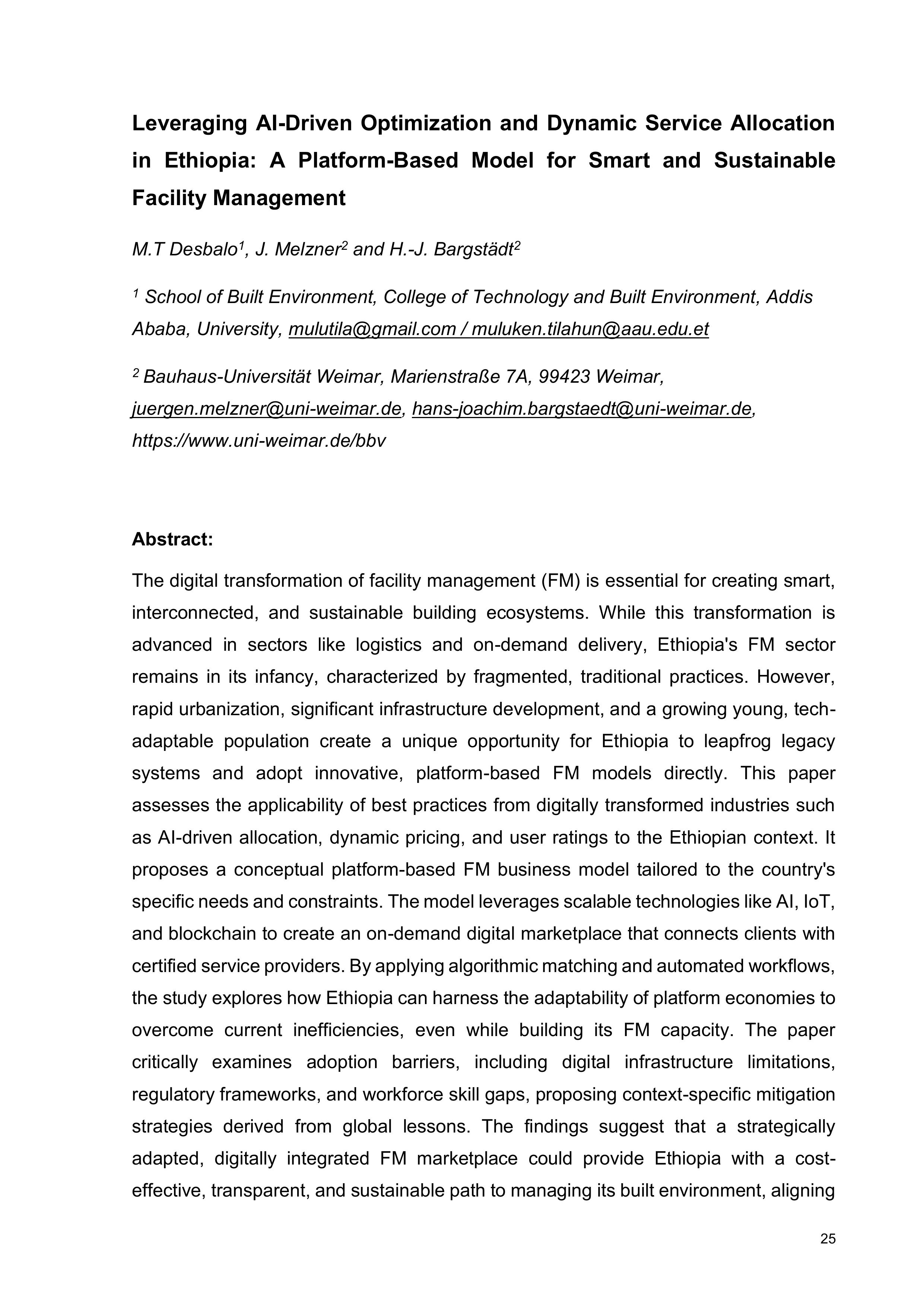Leveraging AI-Driven Optimization and Dynamic Service Allocation in Ethiopia: A Platform-Based Model for Smart and Sustainable Facility Management
