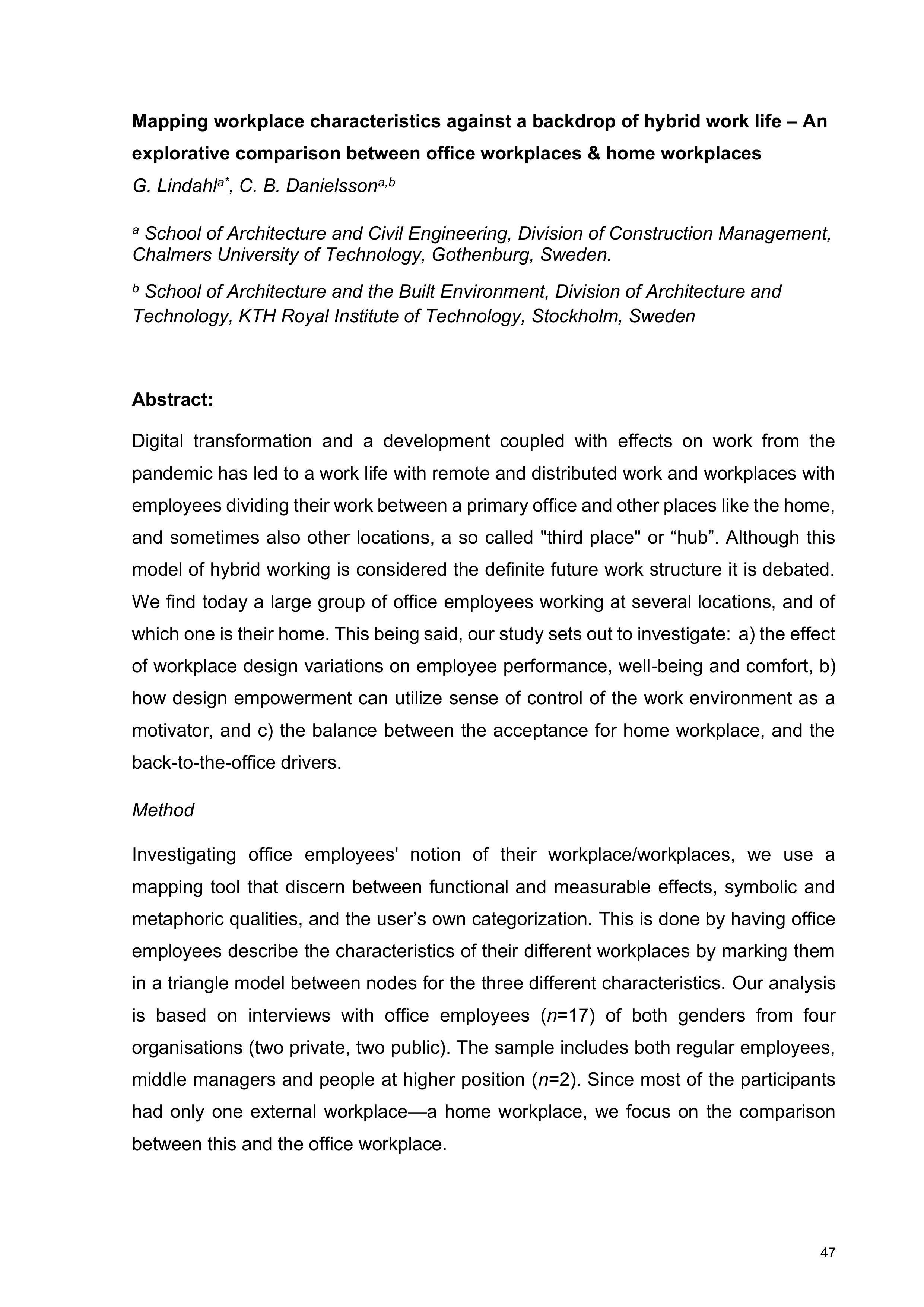 Mapping workplace characteristics against a backdrop of hybrid work life – An explorative comparison between office workplaces &amp; home workplaces