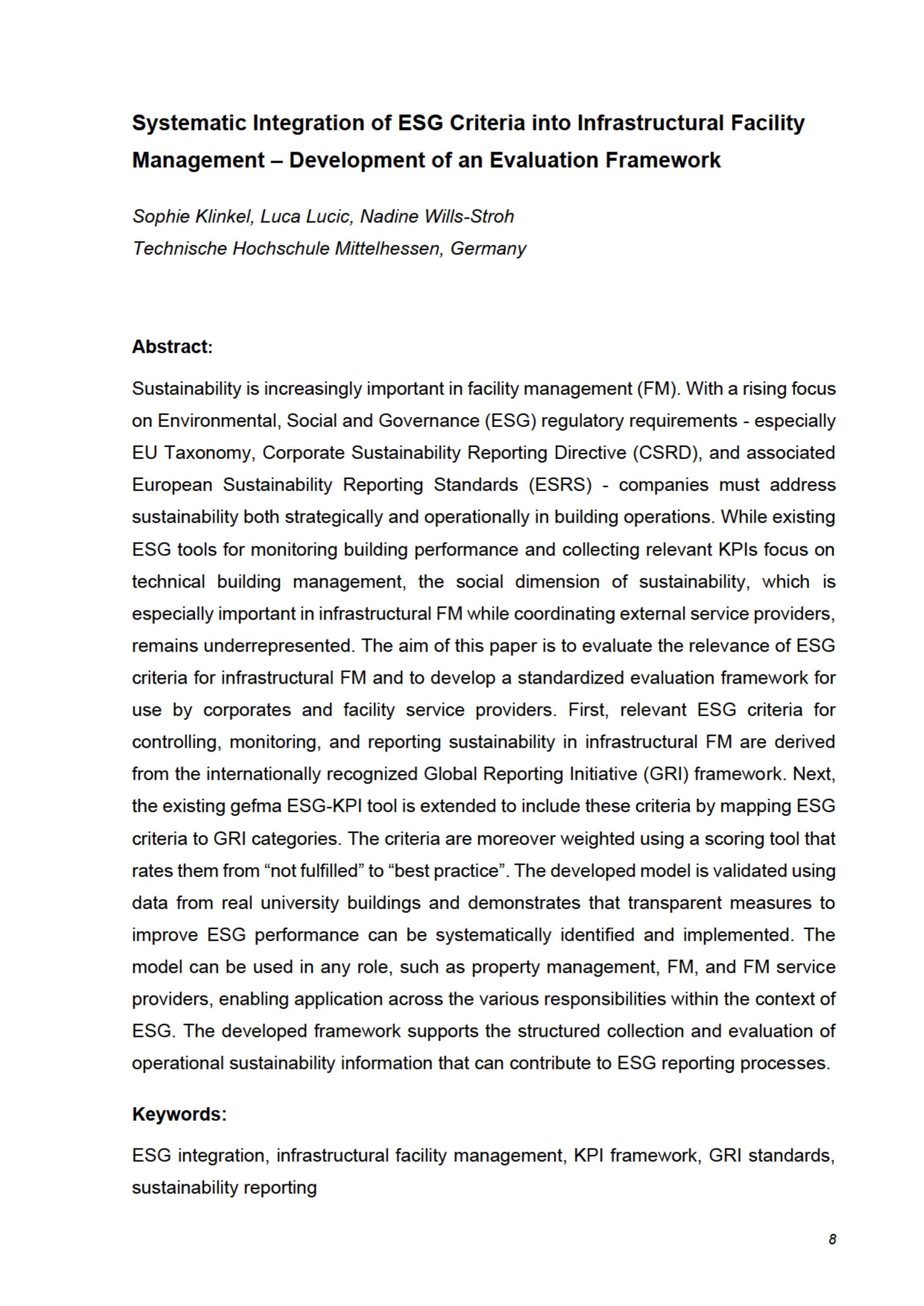 Systematic Integration of ESG Criteria into Infrastructural Facility Management – Development of an Evaluation Framework