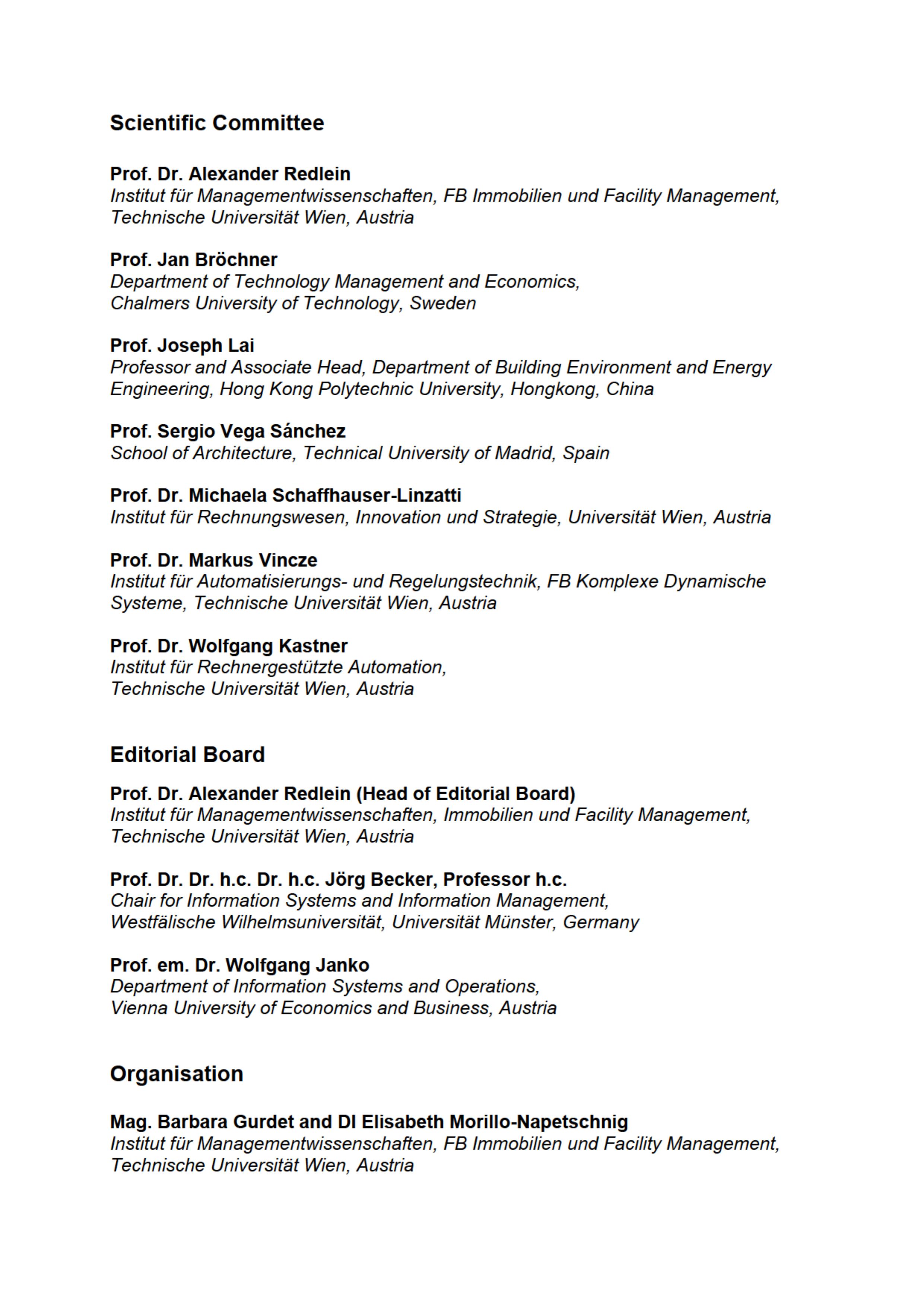 Scientific Committee, Editorial Board, Organisation